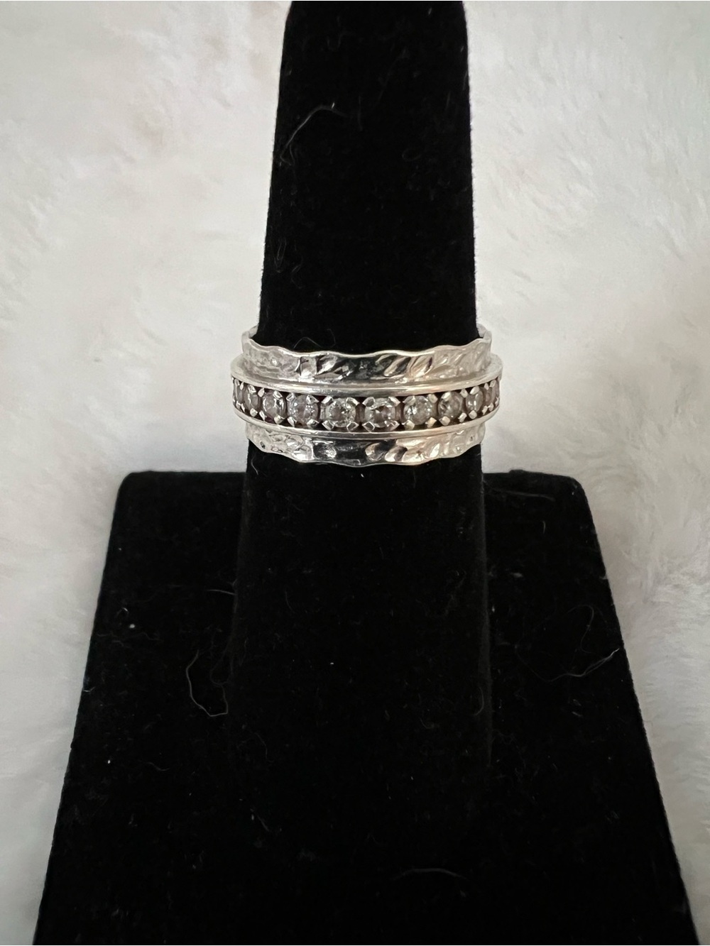 Sterling Silver Textured Band Ring with Center Row of Cubic Zirconia Stones